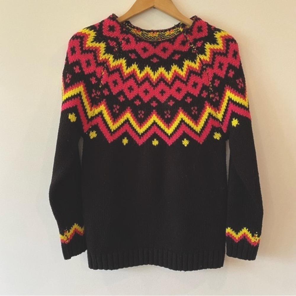 Trendsetter black, pink and yellow fair isle knit sweater size xsmall womens